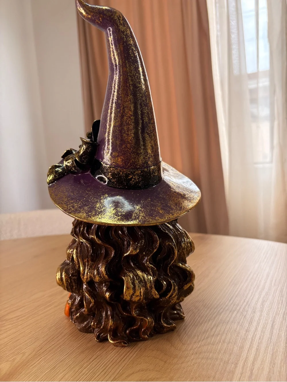 HALLOWEEN Whismical Witch Figurine with Orange Dress and Purple Multicolor hat